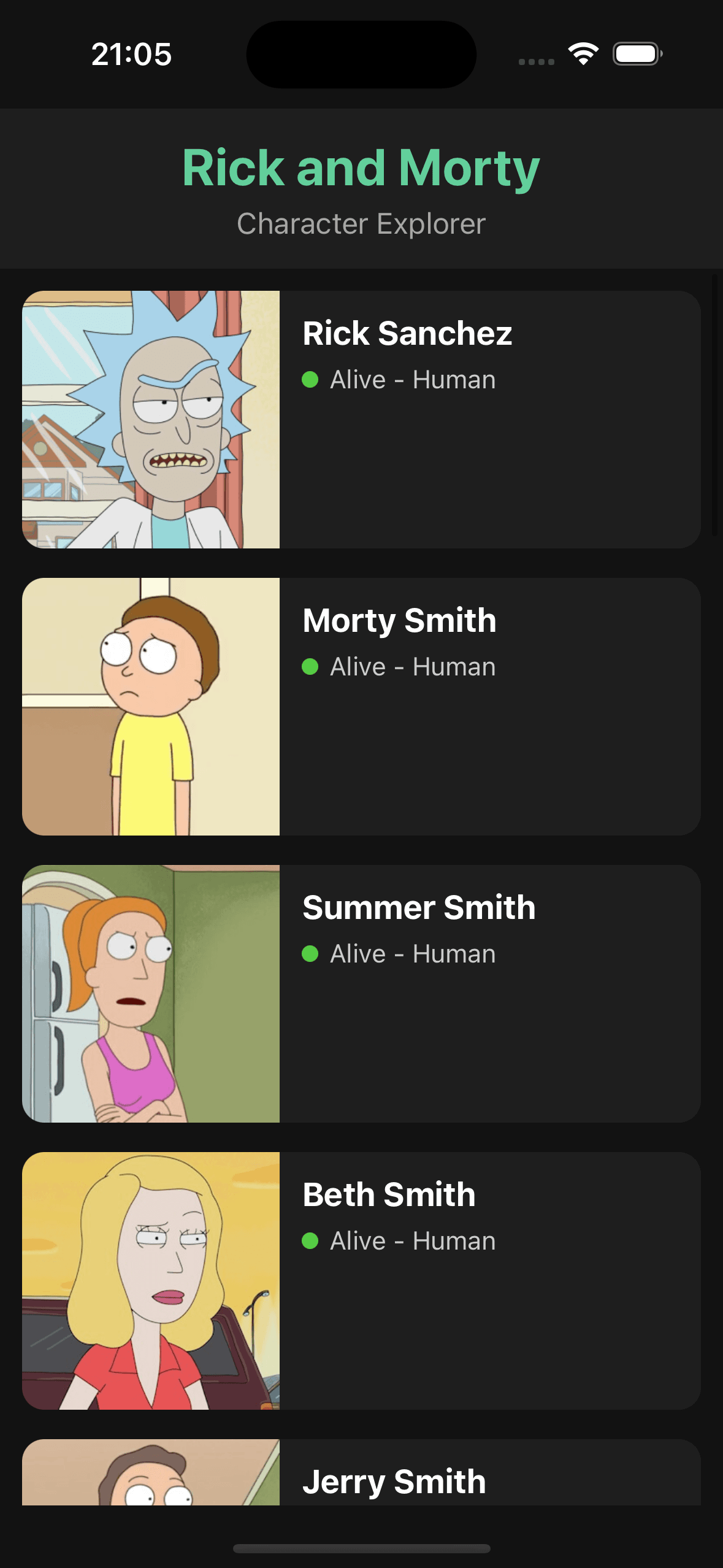 Character details modal showing data fetched with Axios